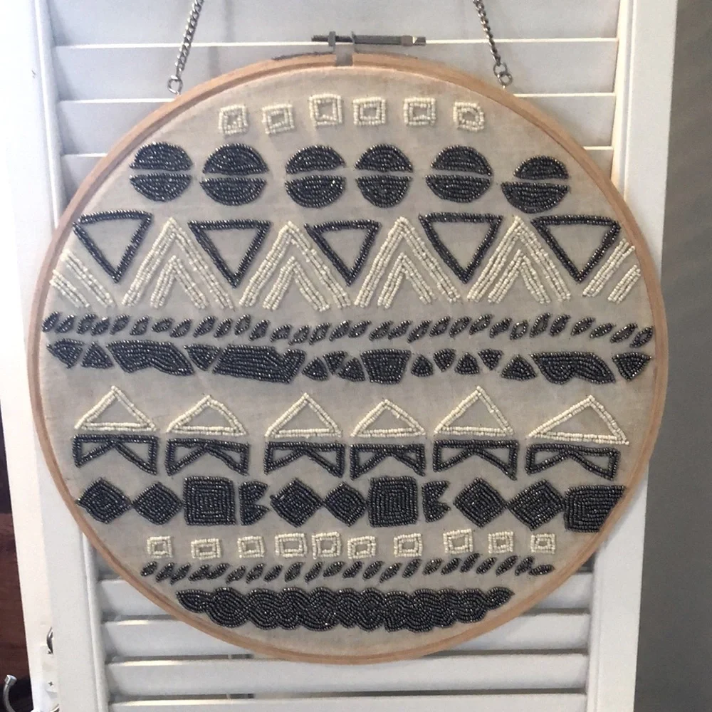 Beautiful Vintage Beaded Indian Design Wall Hanging on embroidery hoop w/chain.